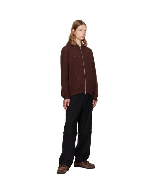 vowels Brown Eyelet Knitted Zip-Up Sweater for men