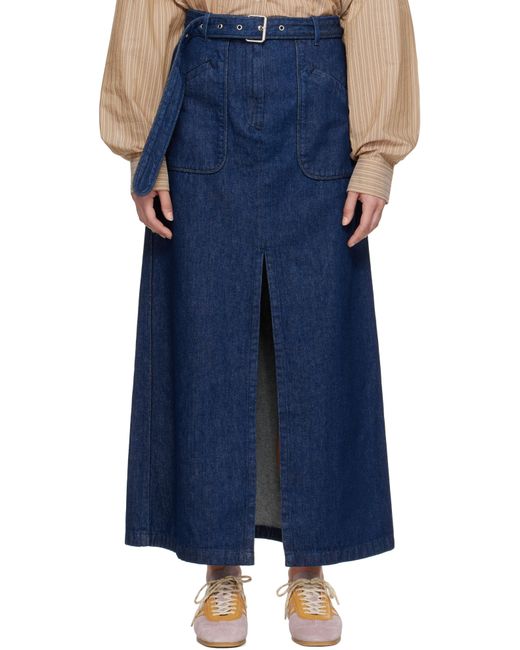Dries Van Noten Blue Belted Denim Maxi Skirt