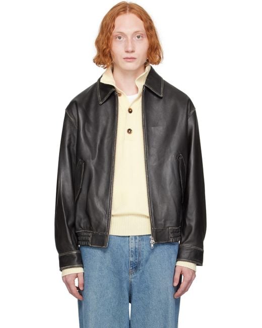 DUNST Black Spread Collar Leather Jacket for men