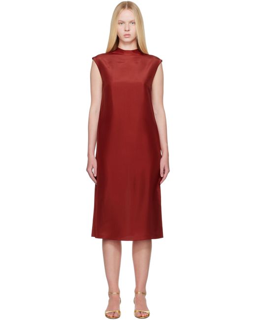Carven Red Straight Silk Toile Midi Dress