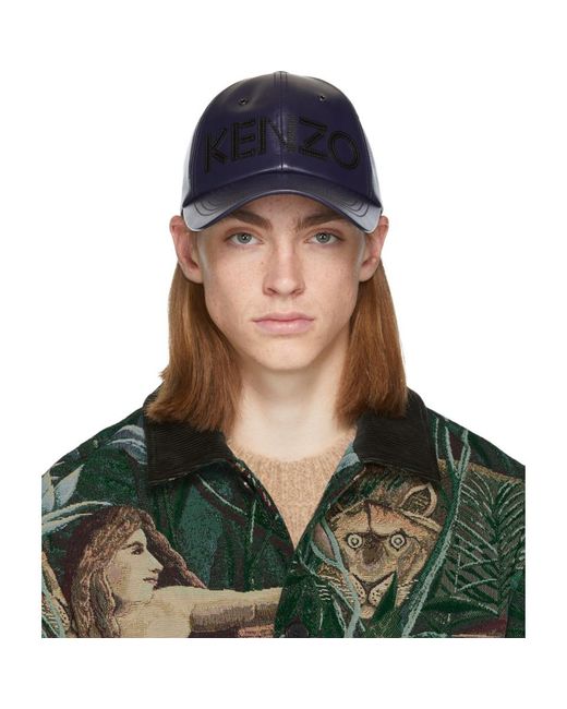 KENZO Navy Leather Logo Cap in Blue for 