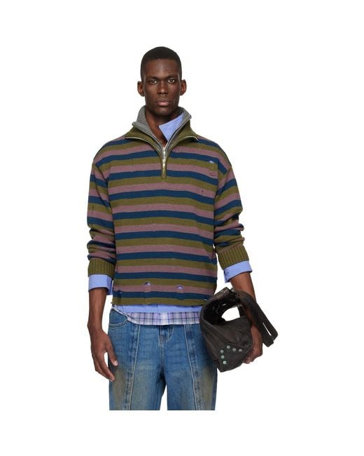 ANDERSSON BELL Black Double Layered Stripe Half Zip-Up Sweater for men