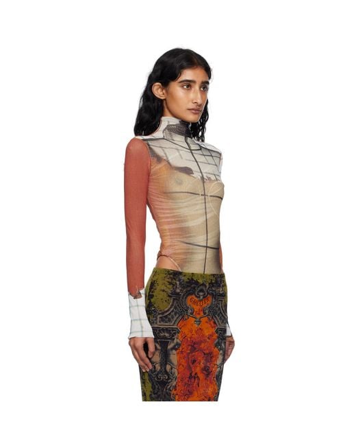 Jean Paul Gaultier Multicolor Long Sleeves Twisted Printed Fire Bodysuit