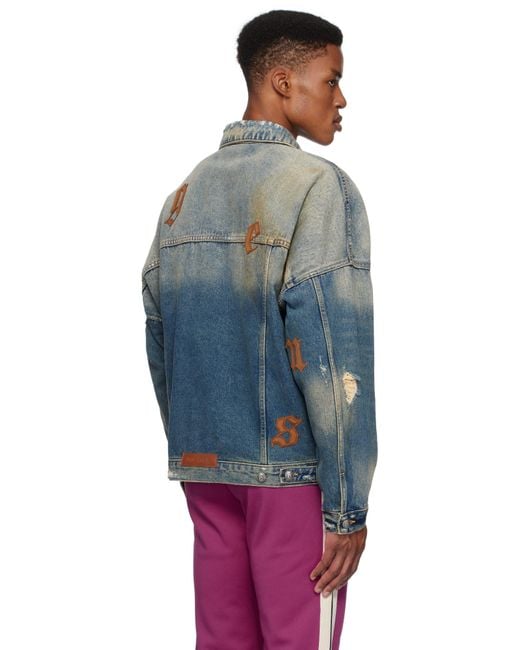 Palm Angels Blue Oversize Logo Patches Denim Jacket for men