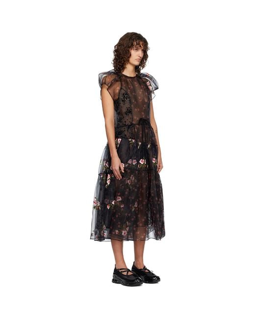 Simone Rocha Black Sheer Puff Sleeve Patchwork Flounce Midi Dress