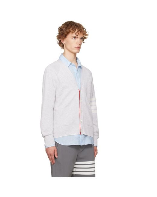 Thom Browne White Linen Cotton 4-Bar Relaxed Fit Cardigan for men