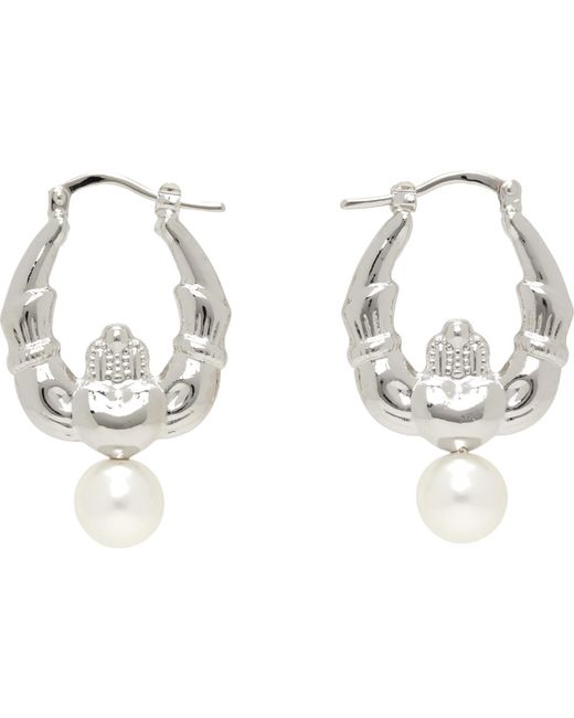 Simone Rocha Metallic Claddagh & Faux-Pearl Hoop Earrings
