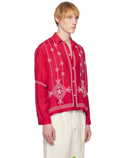 メンズ HARAGO レッド＆ホワイト Beadwork シャツ Red