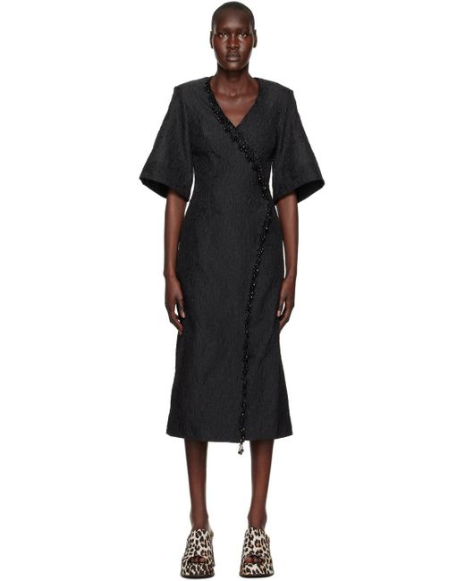Ganni Black Bead-embellished Cloqué Midi Wrap Dress
