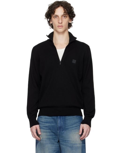 メンズ Boss ブラック ロゴパッチ ジップネック セーター Black