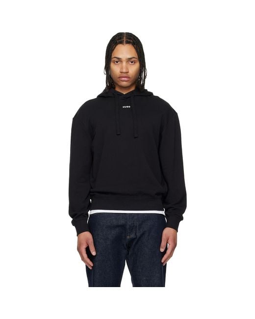 HUGO Black Contrast-Logo Cotton Terry Hoodie for men