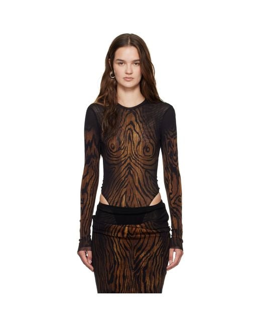Jean Paul Gaultier Black Mesh Double Layer Printed Wood Bodysuit