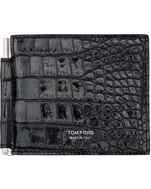 Tom Ford Gray Shiny Printed Croc T Line Money Clip Wallet for men