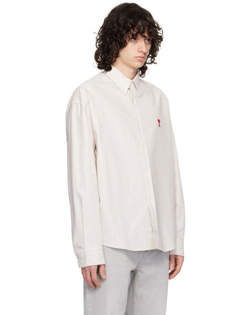 メンズ AMI ブルー&オフホワイト ロゴ刺繍 シャツ White