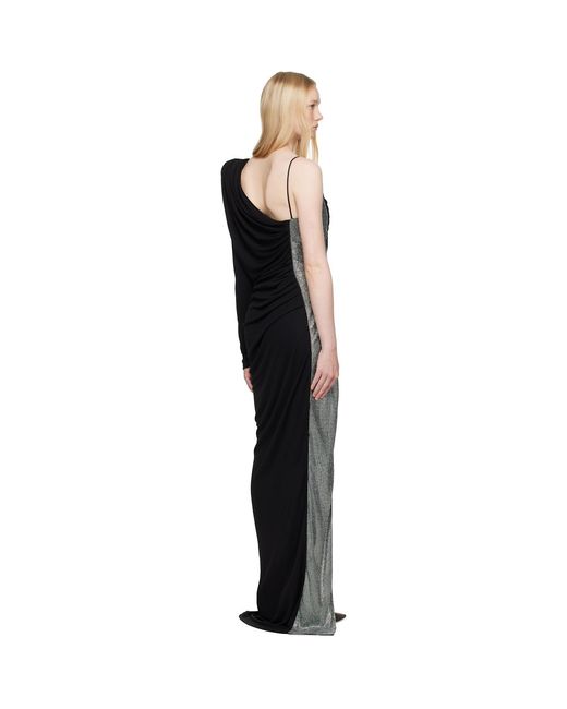 Balmain Black Draped Asymmetrical Two-Material Maxi Dress