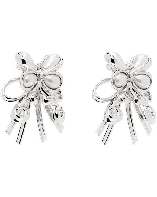 ShuShu/Tong Black Silver Pearl Butterfly Flower Earrings
