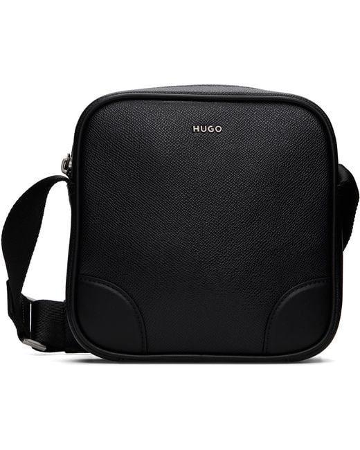 HUGO Black Grained Leather Messenger Bag for men