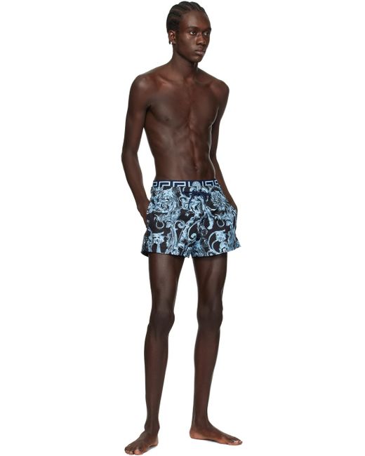 Versace Black Blue Barocco Stencil Swim Shorts for men
