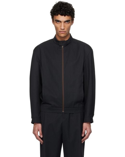 Amomento Black Wool Stripe Zip-Up Jacket for men