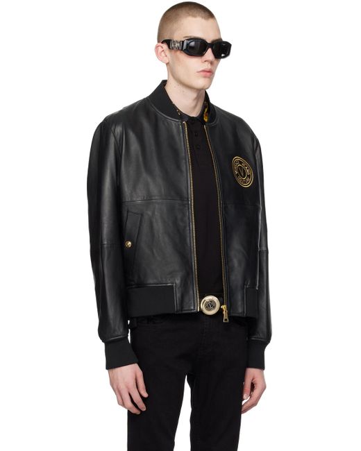Blouson aviateur noir en cuir à logo circulaire Versace pour homme en coloris Black