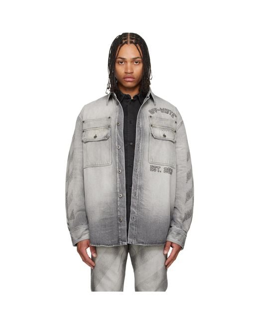 Off-White c/o Virgil Abloh Gray Diagonal Embroidered Denim Military Overshirt for men