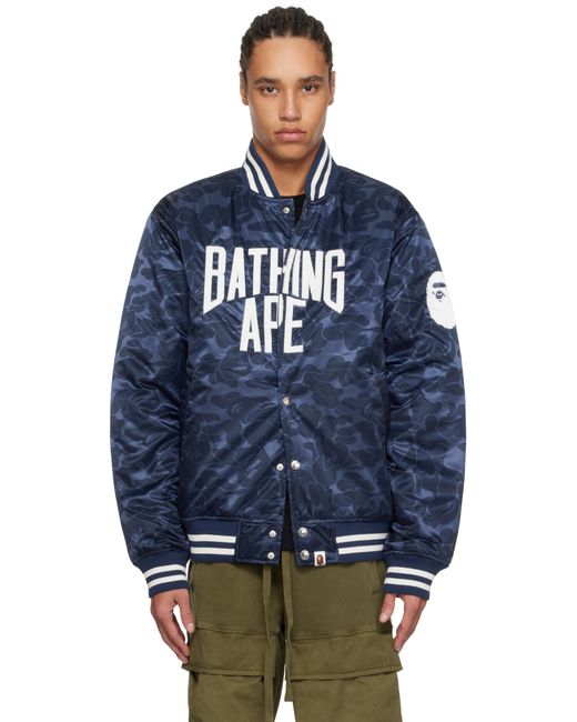 A Bathing Ape Blue Solid Camo Nyc Logo Varsity Bomber Jacket for men