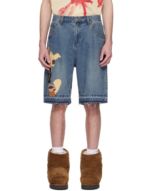 Kidsuper Blue Face Patchwork baggy Denim Short for men