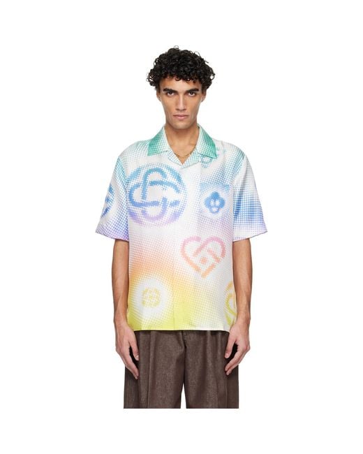 Casablanca Blue Halftone Logo Short Sleeve Silk Shirt for men
