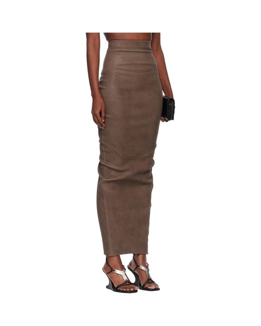 Rick Owens Brown Temple Dirt Pillar Leather Midi Skirt