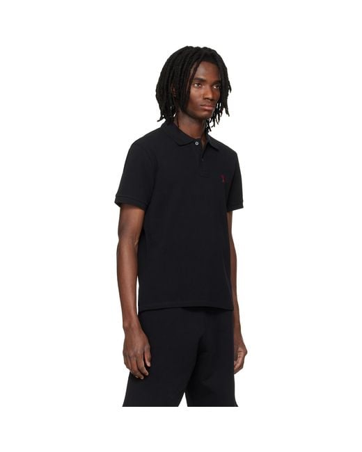 AMI Black Cotton Ami De Coeur Polo for men