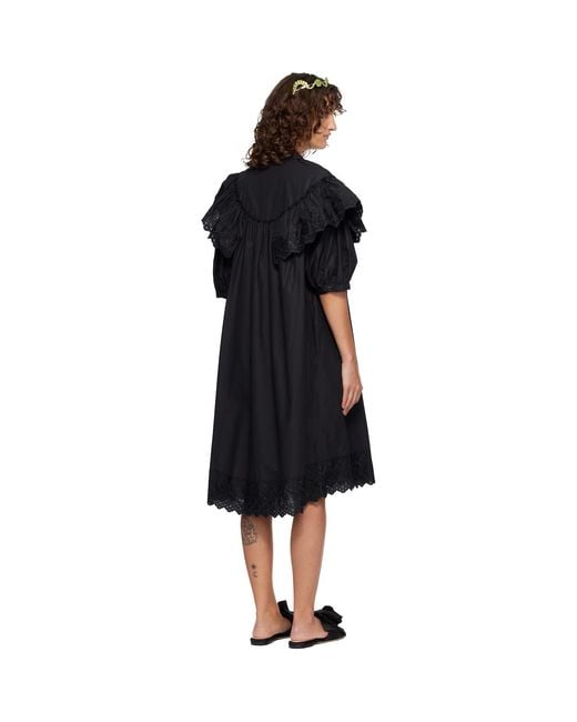 Simone Rocha Black Puff Sleeve Ruffle Frill Trim Shirt Midi Dress
