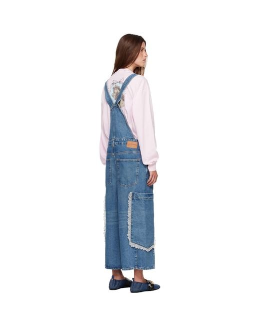 Ganni Blue Cropped Lace Rigid Denim Overalls