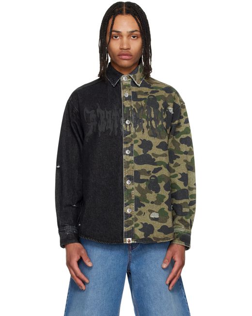 A Bathing Ape Black 1St Camo Blocking Destroyed Heavy Wash Logo Denim Shirt for men