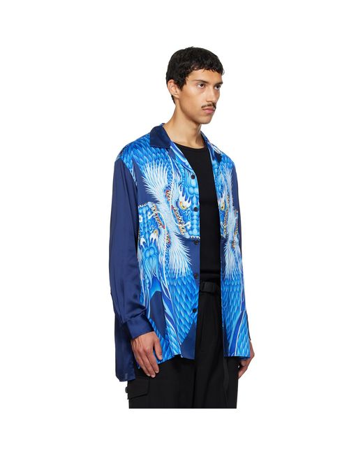 Y-3 Blue Satin Graphic 'Dragon' Shirt for men