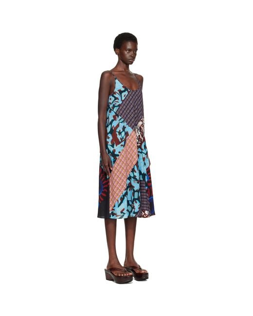 Dries Van Noten Blue Printed Slip Midi Dress