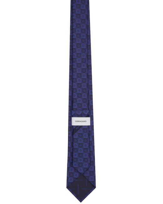 Ferragamo Black Navy Gancini Silk Jacquard Tie for men