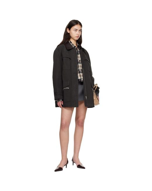 C+plus Series Black Leather-Collar Multi-Pockets Distressed Jacket