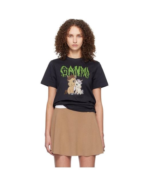 Ganni Black Graphic Cotton T-Shirt