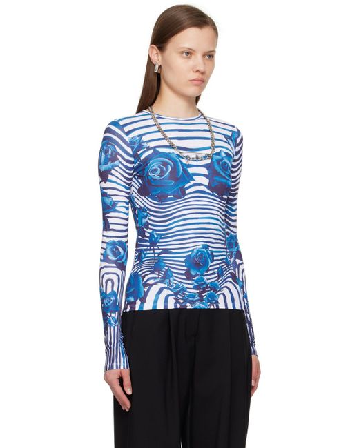 Jean Paul Gaultier ホワイト&ブルー Flower Body Morphing 長袖tシャツ Blue
