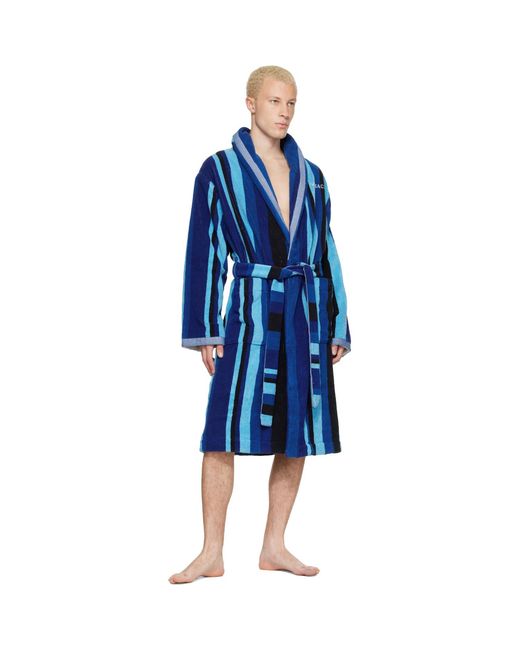 Versace Blue Striped Cotton-terry Jacquard Bathrobe for men