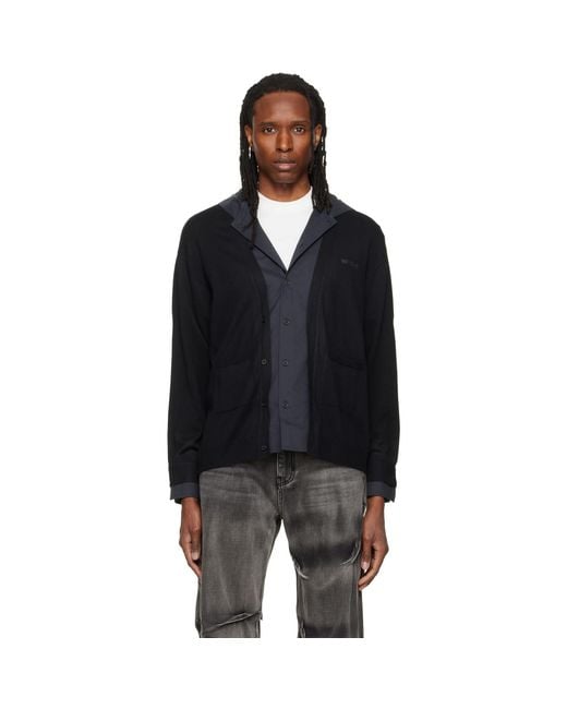 we11done Black Hooded Shirt-Layered Cardigan for men