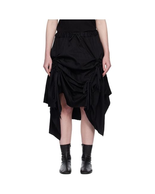 Yohji Yamamoto Black Gathered Denim Midi Skirt