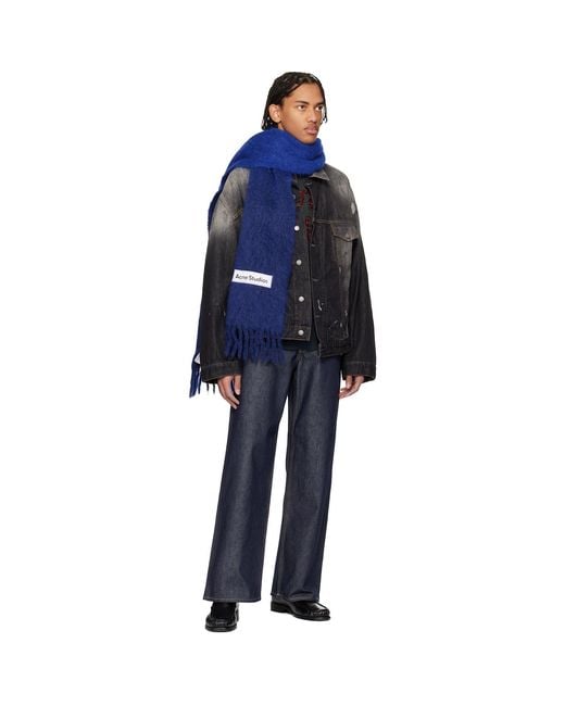 Acne Blue Wool Fringe Scarf for men