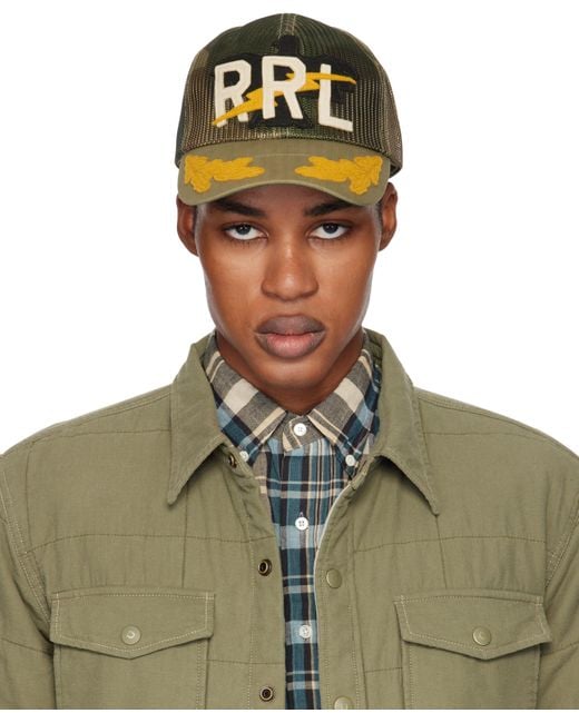 RRL Green Khaki Camo Mesh Trucker Cap for men