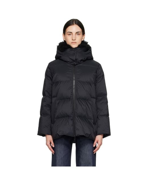 Yves Salomon Black Waterproof Technical Lambswool Trim A-Line Down Jacket