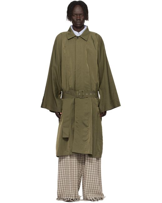 Hed Mayner Green Crinkled Trench Coat for men