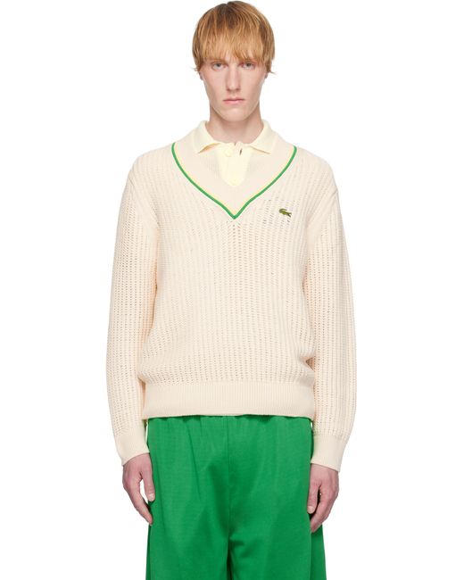 メンズ Lacoste オフホワイト Vネック ライン テニスセーター Green