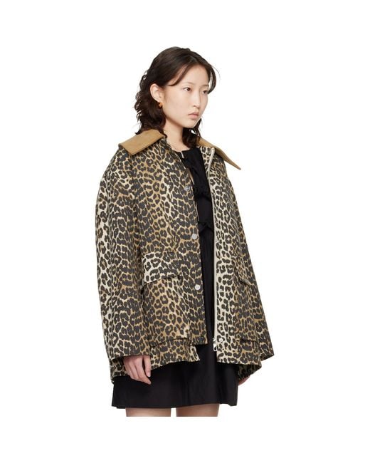 Ganni Brown Leopard Printed Canvas Midi Jacket