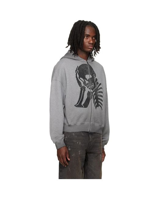 Palm Angels Gray Skull Zipped Loose Hoodie for men