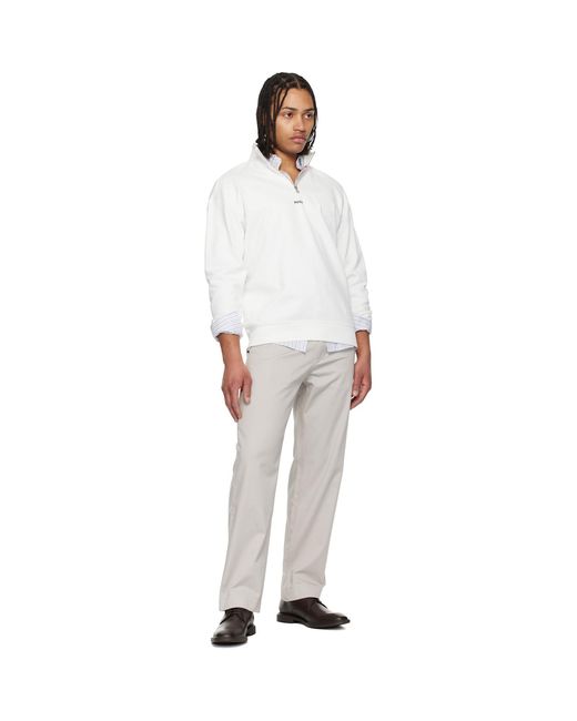 Boss White Taupe Straight-Fit Cotton-Blend Twill Trousers for men